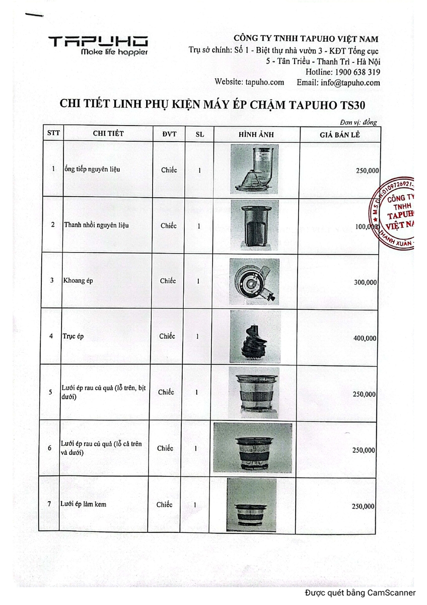 Bảng Giá Phụ Kiện Máy Ép Chậm TS30 TAPUHO