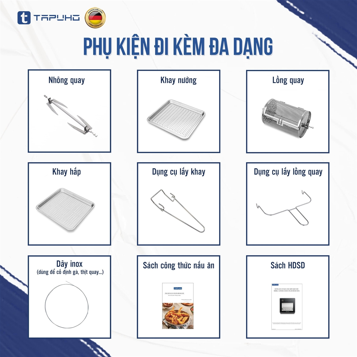 Bộ sản phẩm nồi chiên TSF16 đi kèm nhiều phụ kiện