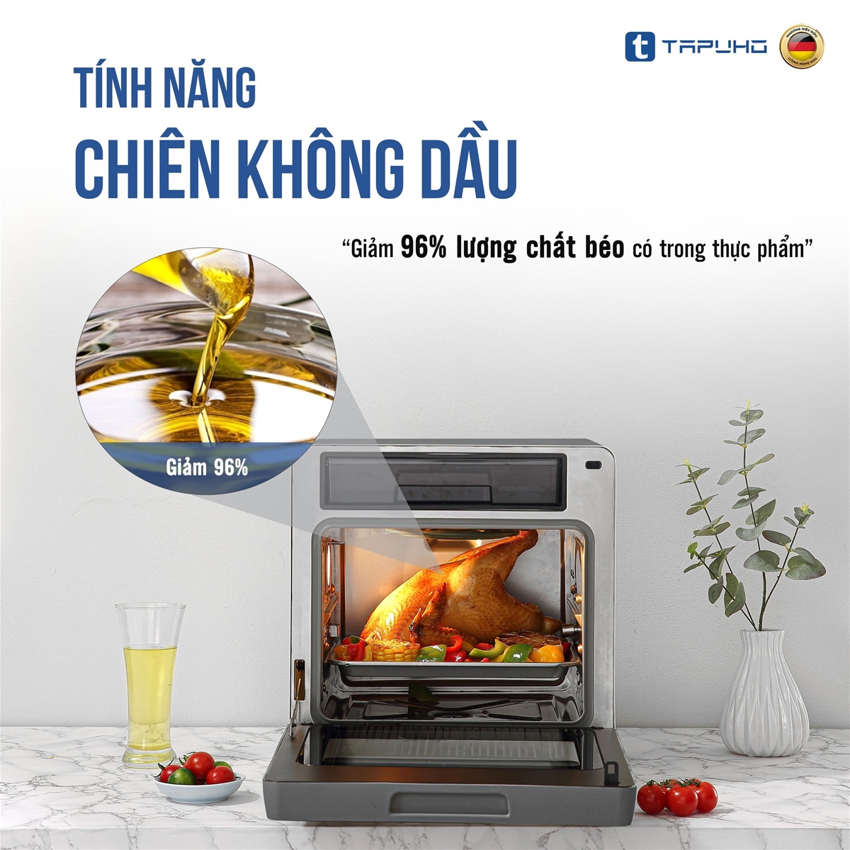 Nồi chiên hơi nước Tapuho giúp loại bỏ đến 96% lượng chất béo có trong thực phẩm.