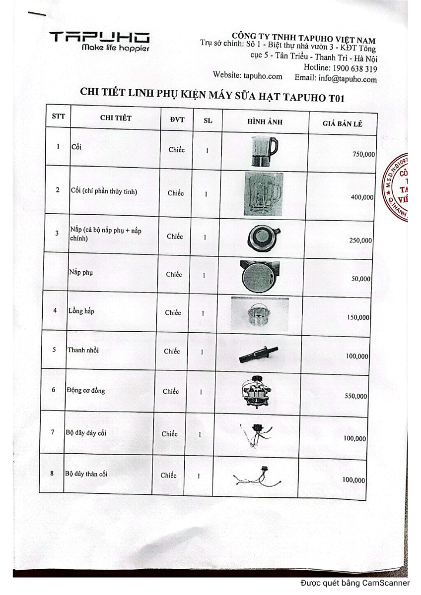 Bảng Giá Phụ Kiện Máy Làm Sữa Hạt T01 TAPUHO