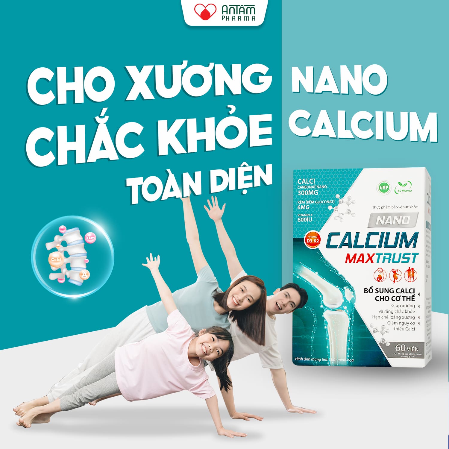 Nano Calcium Maxtrust - Hỗ Trợ Bổ Sung Canxi Cho Cơ Thể - Giúp Xương, Răng Chắc Khỏe - Hộp 1 Lọ x 60 Viên